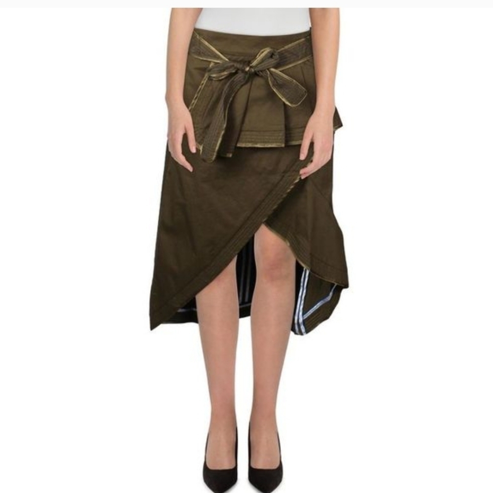 English Factory Asymmetrical Skirt  Faux Wrap Hi-Low Skirt Olive Green Large